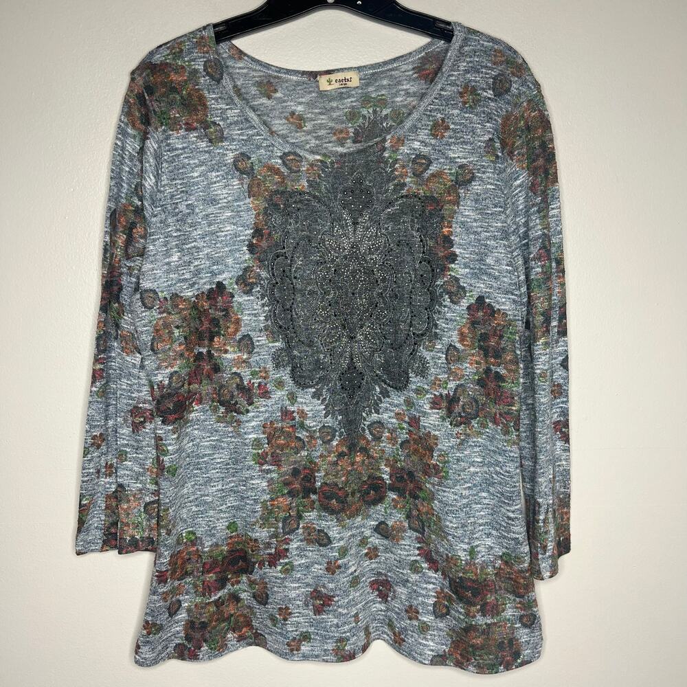 Vintage Cactus Y2K Rhinestone Embellished Top L Floral Western 3/4 Sleeve Boho